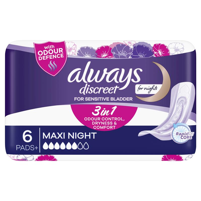 Buy Always Discreet Pad Level 6 Maxi Night 6 Pack for Bladder Leaks Online  at Chemist Warehouse®