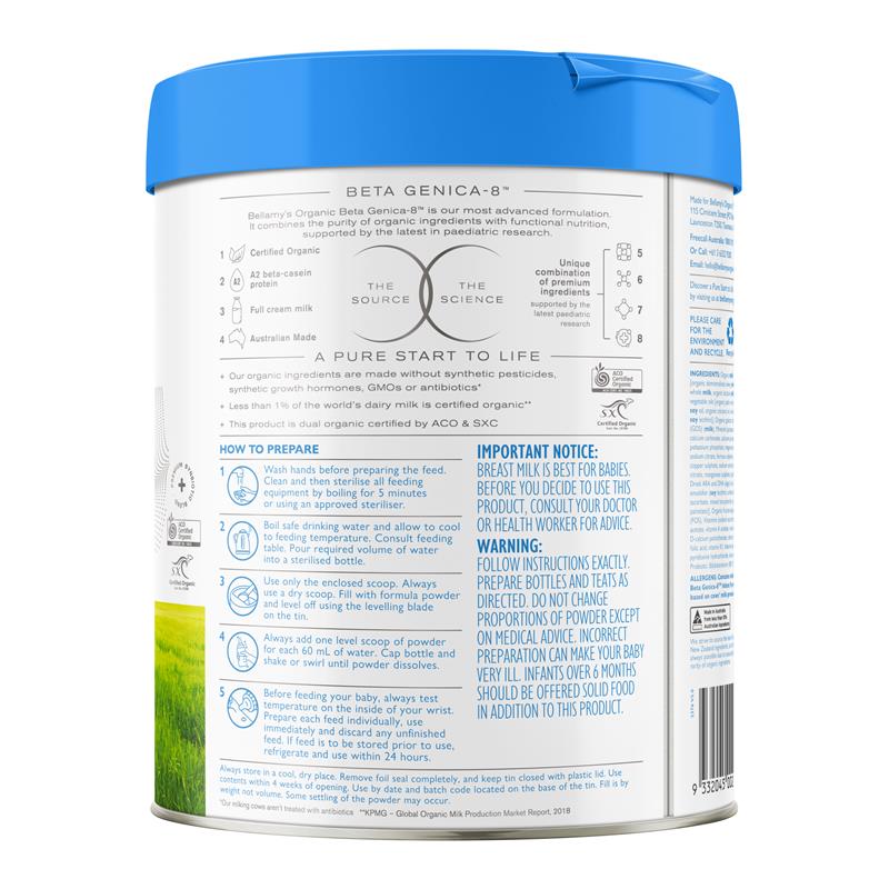 Buy Bellamy's Beta Genica-8 Step 1 Infant Formula 800g online at
