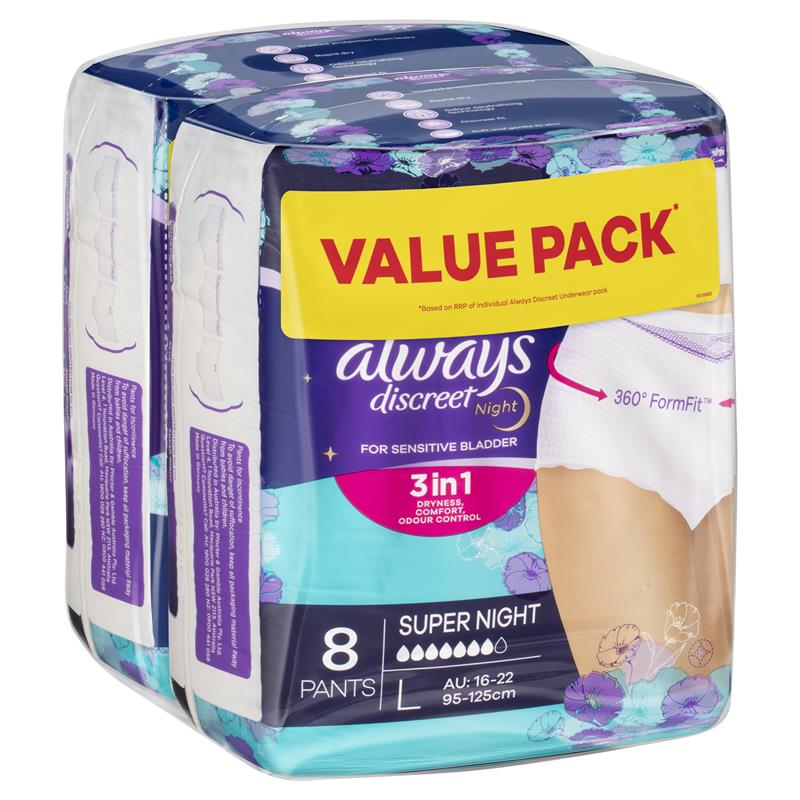 Buy Always Discreet Night Underwear Large Pants 7 Drop 16 Value Pack Online At Chemist Warehouse® 3757