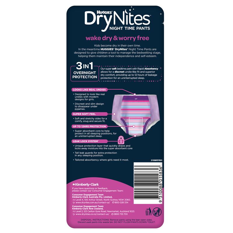 Huggies DryNites 8-15 Ans Fille – Culottes D’Apprentissage Nuit X3 Paquets – Protection Anti-Fuites Garantie