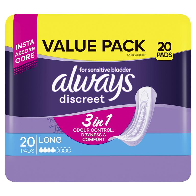 Always Discreet Long 20 Pads Value Pack For Bladder Leak and Adult