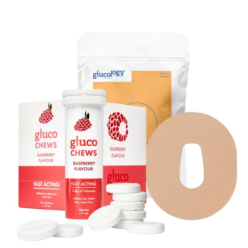 Glucology 25 Pack CGM Patches + 12 Tubes of Glucochews 25 Pack CGM Patches for Dexcom G6 (Beige) + 12 Tubes of Glucochews (Raspberry) product image