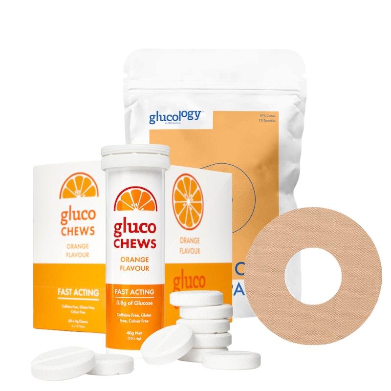 Glucology 25 Pack CGM Patches + 12 Tubes of Glucochews 25 Pack CGM Patches for Freestyle Libre (Beige) + 12 Tubes of Glucochews (Orange) product image