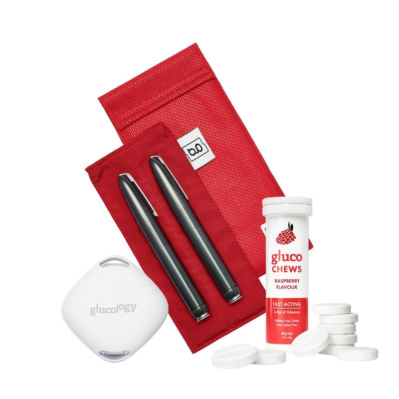 Glucology Insulin Cooling Bundle (Pen Pouch/ 1x 10 Glucochews - Raspberry/ Temperature Sensor) 2 Pen Pouch - Red