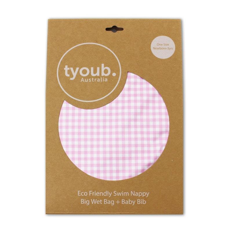 tyoub On The Go - Gift Set, Reusable Swim Nappy, Wet Bag and Baby Bib - Pink Check One Size product image