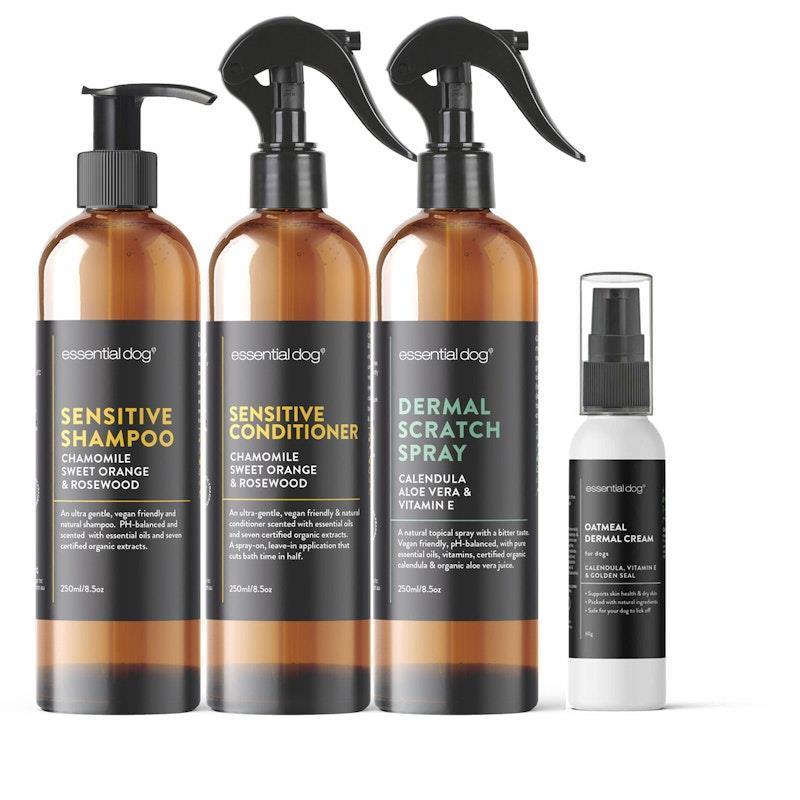 Essential Dog Sensitive 4Pack Dog Shampoo, Conditioner, Dermal Scratch Spray & Cream 3x250ml, 1x60g