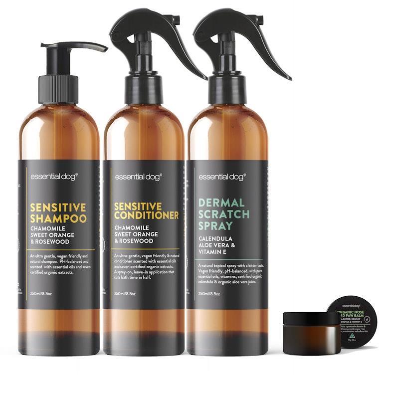 Essential Dog Sensitive Pack 4 Dog Shampoo, Conditioner, Balm & Dermal Scratch Spray 3x250ml, 1x50g product image