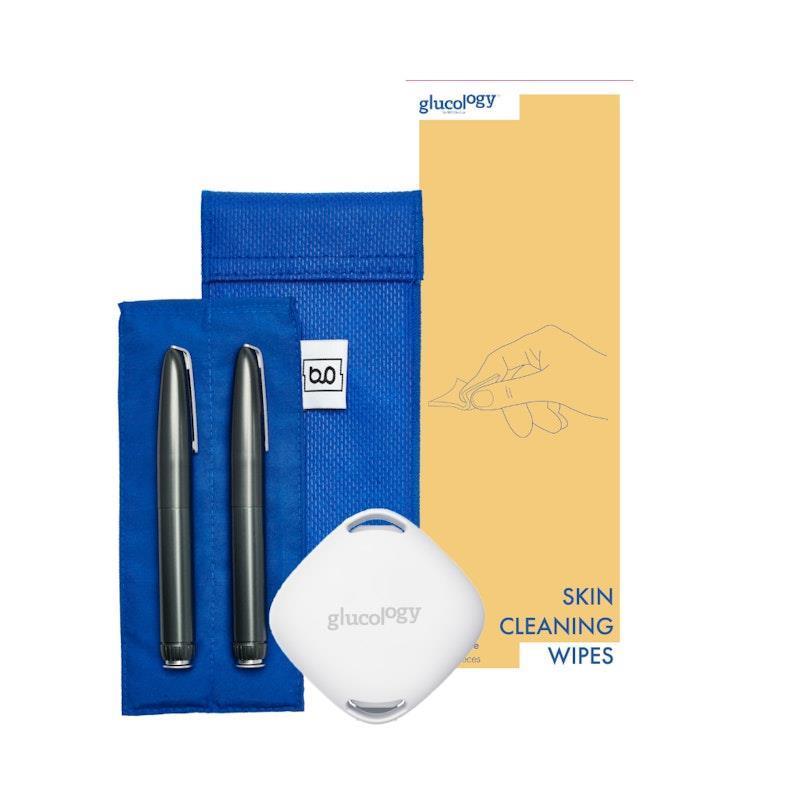 Glucology Blue 2 Pouch + Temperature Sensor + 20 Pack Alcohol free Finger Wipes Bundle