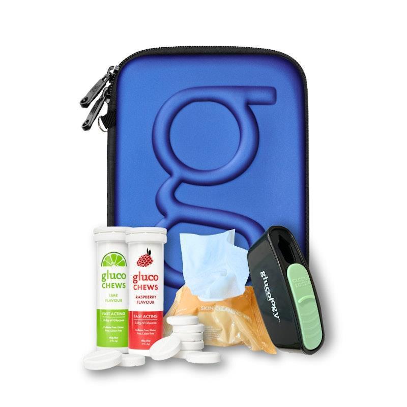 Glucology Blue Classic Case + 2 Tubes of Fast Acting Glucochews + 1 Sharps Bins + 1 x 20 Pack Alcohol Free Wipes Bundle product image