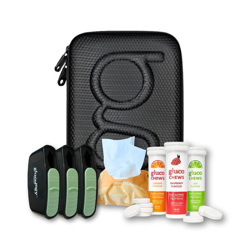 Glucology Black Plus Case + 3 Tubes of Fast Acting Glucochews + 3 Sharps Bins + 1 x 20 Pack Alcohol Free Wipes Bundle product image