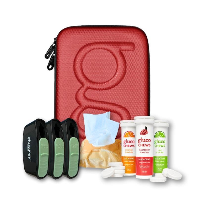 Glucology Red Plus Case + 3 Tubes of Fast Acting Glucochews + 3 Sharps Bins + 1 x 20 Pack Alcohol Free Wipes Bundle