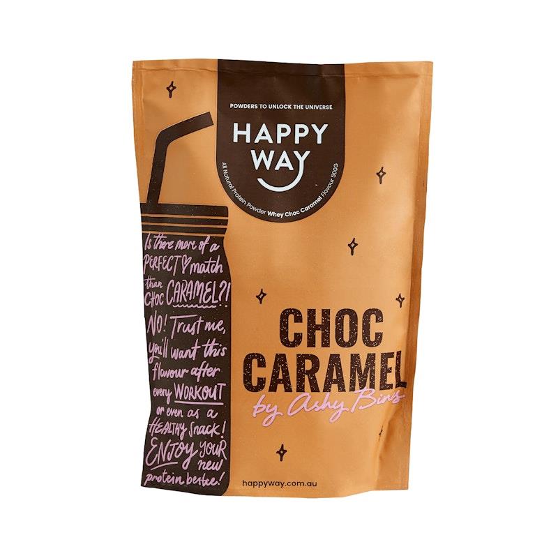 Happy Way Ashy Bines Choc Caramel Whey Protein Powder 500g product image