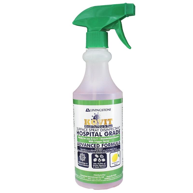 KOVIT Hospital Grade Disinfectant Kills SARS & COVID-19 Neutral pH Lemon Scented Pink Spray 500ml