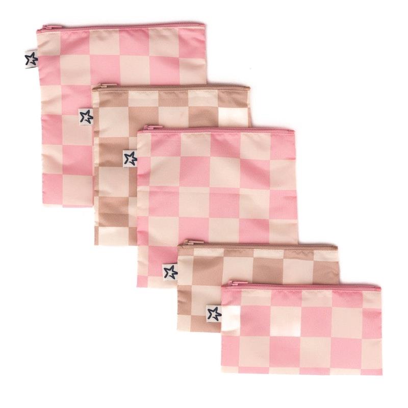 Tiny Twinkle Mess Proof Snack Bag 5 Pack Pink & Beige Checkers