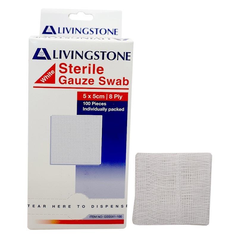 Livingstone Gauze Swabs 8 ply Cotton Sterile 5 x 5 cm 100 Pieces/Box product image