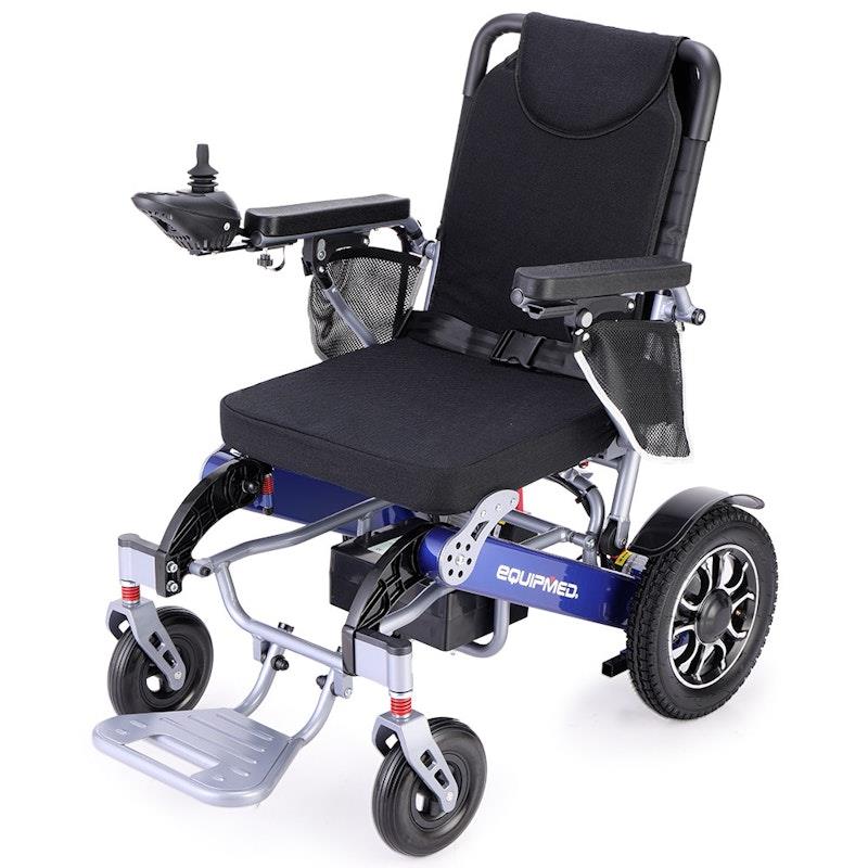 Equipmed Power Electric Wheelchair, Long Range, Airline Approved, Folding, Aluminium Frame, Lithium Battery Blue