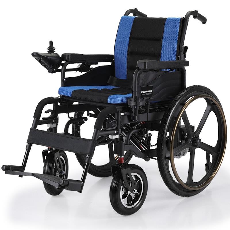 Equipmed Electric Wheelchair Folding, Long Range, 24" Light Rear Wheels Black & Blue