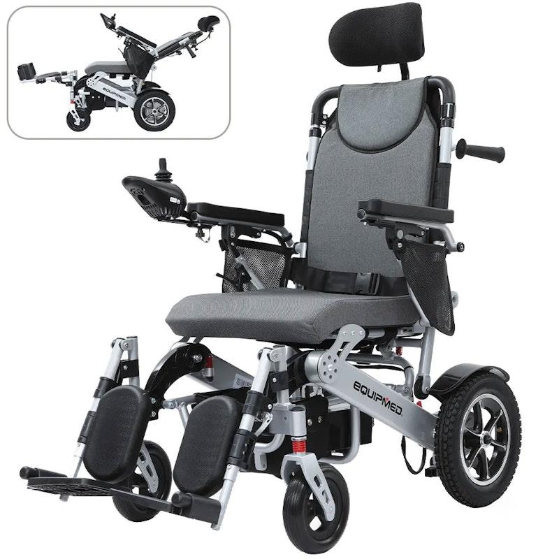 Equipmed Power Electric Wheelchair, Folding, Airline Approved, ARTG Certified, Recline Adjustment, Headrest, Aluminium Frame, Lithium Battery Grey product image