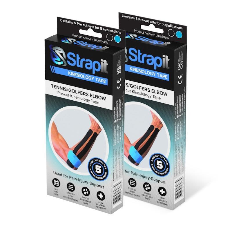 Strapit Tennis Elbow or Golfers Elbow Precut Kinesiology Tape - BLACK/BLUE - Box of 5 2 Pack product image