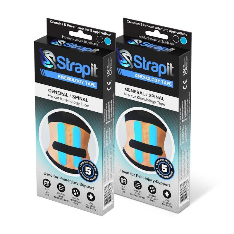 Strapit Back/Spinal/General Precut Kinesiology Tape - BLACK/BLUE - Box of 5 2 Pack