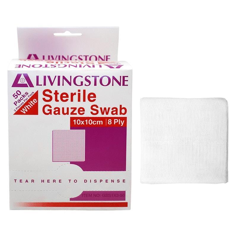 Livingstone Liv Gauze Swabs 8 ply Cotton Sterile 10 x 10cm 150 Pieces/Box