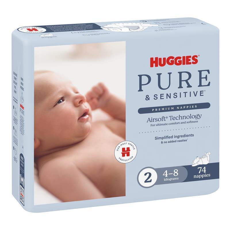Huggies Pure and Sensitive Nappies Size 2 (4-8 Kg)  74 Pack