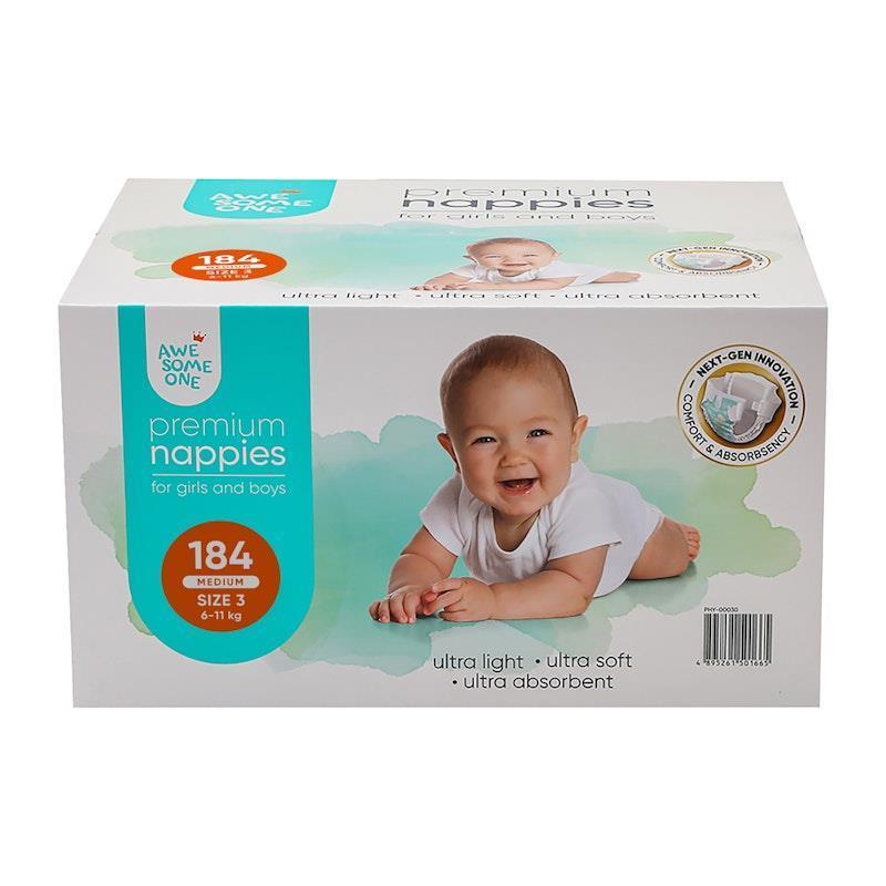 Awesome One 184PK Size 3  Ultra Light Ultra Soft Ultra Absorbent Nappies Pack