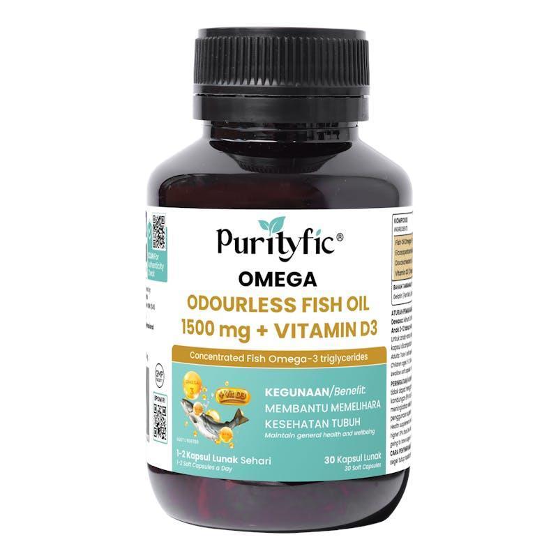 Purityfic Omega Odourless Fish Oil + Vitamin D3 (30 Soft Capsules) 1Bottle
