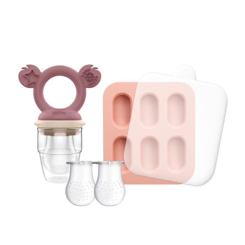 Cherub Baby Silicone Baby Fresh Food Feeder+Nibble Tray + Replacement Net Dusty Rose & Sand Bundle