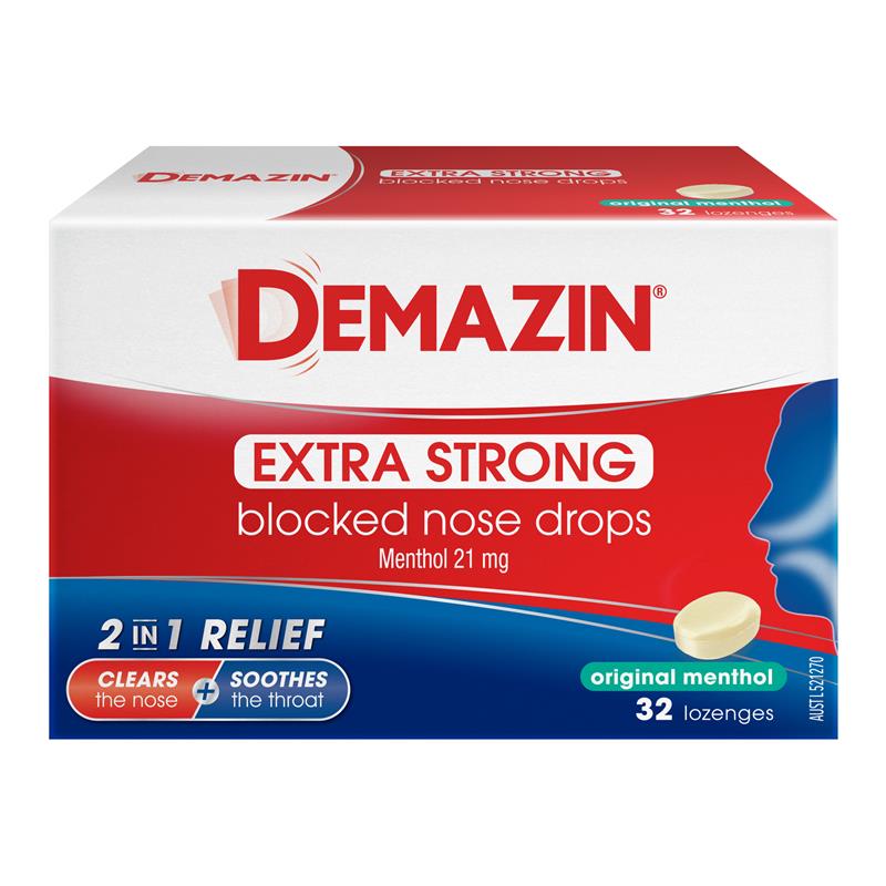 Demazin Extra Strong Blocked Nose Drops Menthol 32 Lozenges