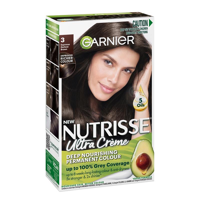 Buy Garnier Nutrisse Permanent Hair Colour - 3 Espresso Darkest Brown  (Enriched with 4 Natural Oils) Online at Chemist Warehouse®