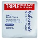Johnson's Daily Essentials Facial Cleansing Wipes Dry Skin 3 x 25 Value Pack