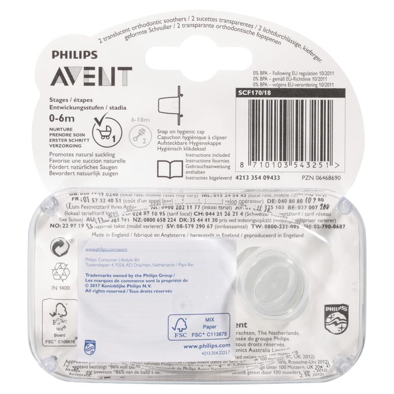 Philips Avent Orthodontic Pacifier Baby Dummy Translucent Silicone Soother 