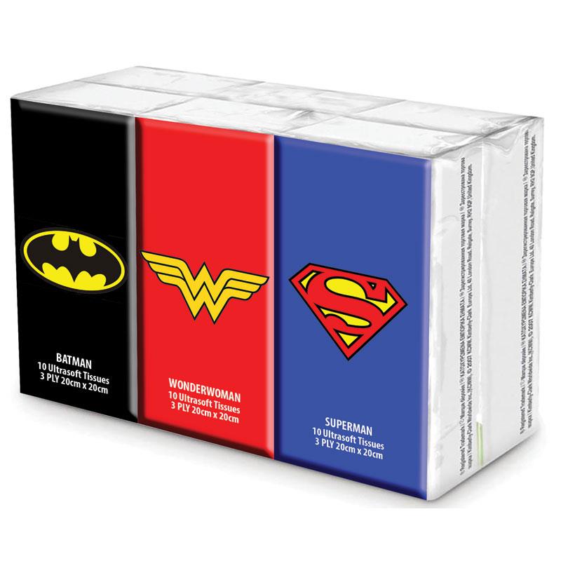 Superhero Pocket Tissues 6 Pack - Batman, Wonder Woman and Superman