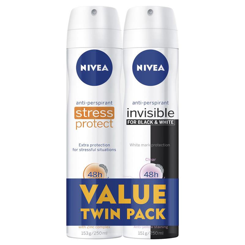 Nivea for Women Deodorant Aerosol Black And White Clear and Stress Protect 250ml Twin Pack