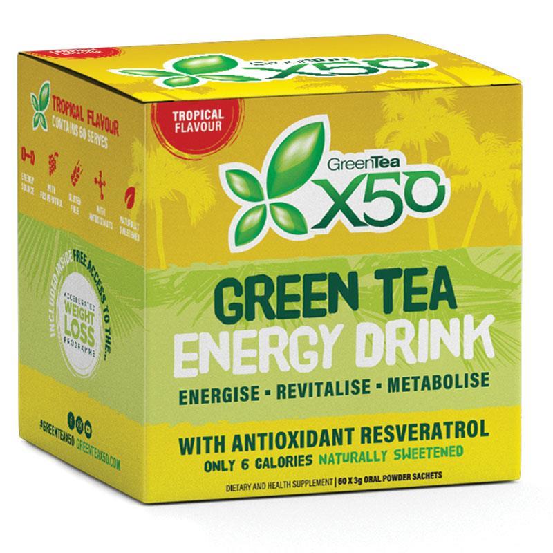 Buy Green Tea x50 Energy Drink Tropical 60 x 3g Powder Sachets Online