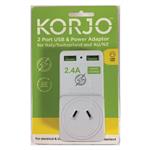 Korjo 2 Port USB and Power Adaptor Italy/Switzerland and AU/NZ