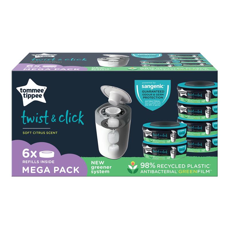 Tommee Tippee - Twist and Click Advanced Nappy Disposal Sangenic Tec  Refills Pack of 12 with Sustainably Sourced Antibacterial GREENFILM